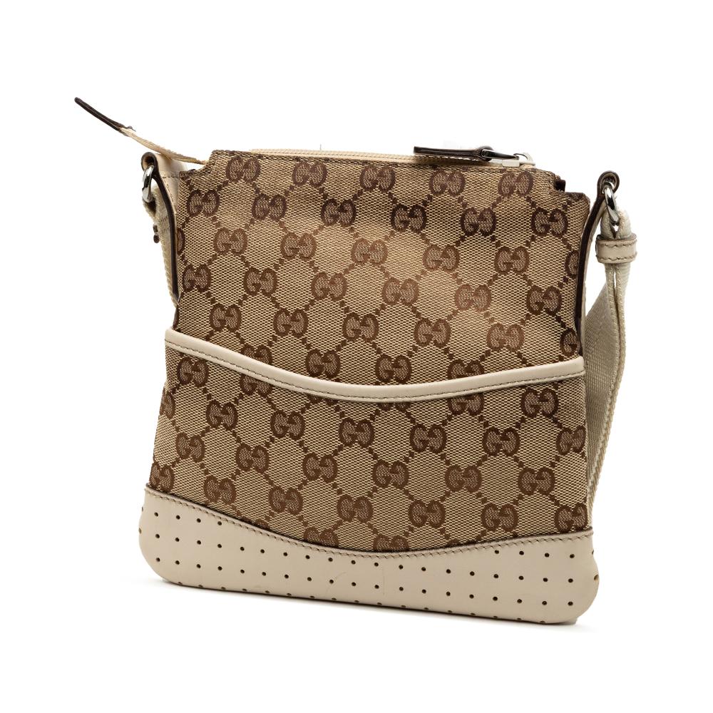 Gucci B Gucci Brown Beige Canvas Fabric GG Perforated Crossbody Italy
