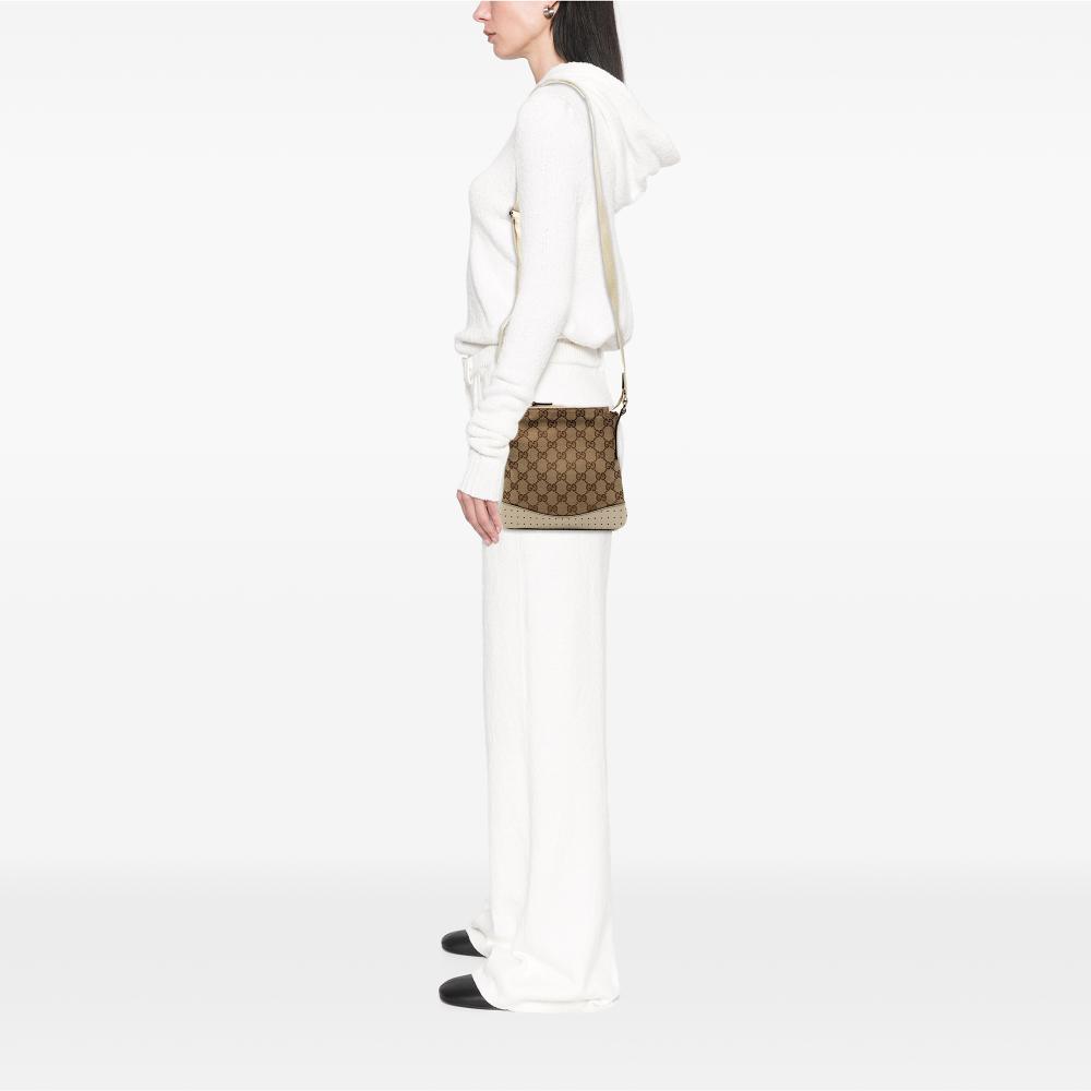 Gucci B Gucci Brown Beige Canvas Fabric GG Perforated Crossbody Italy