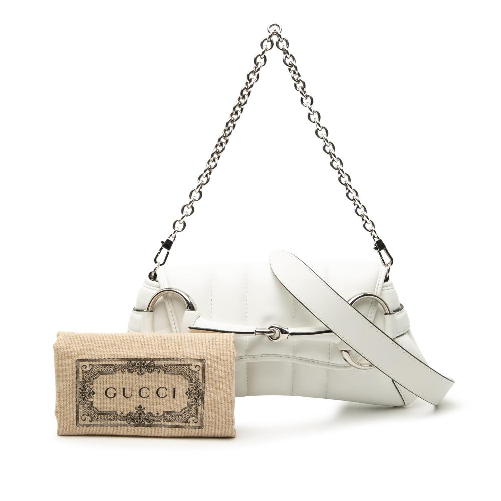 Gucci AB Gucci White Calf Leather Small Quilted Horsebit Chain Satchel Italy