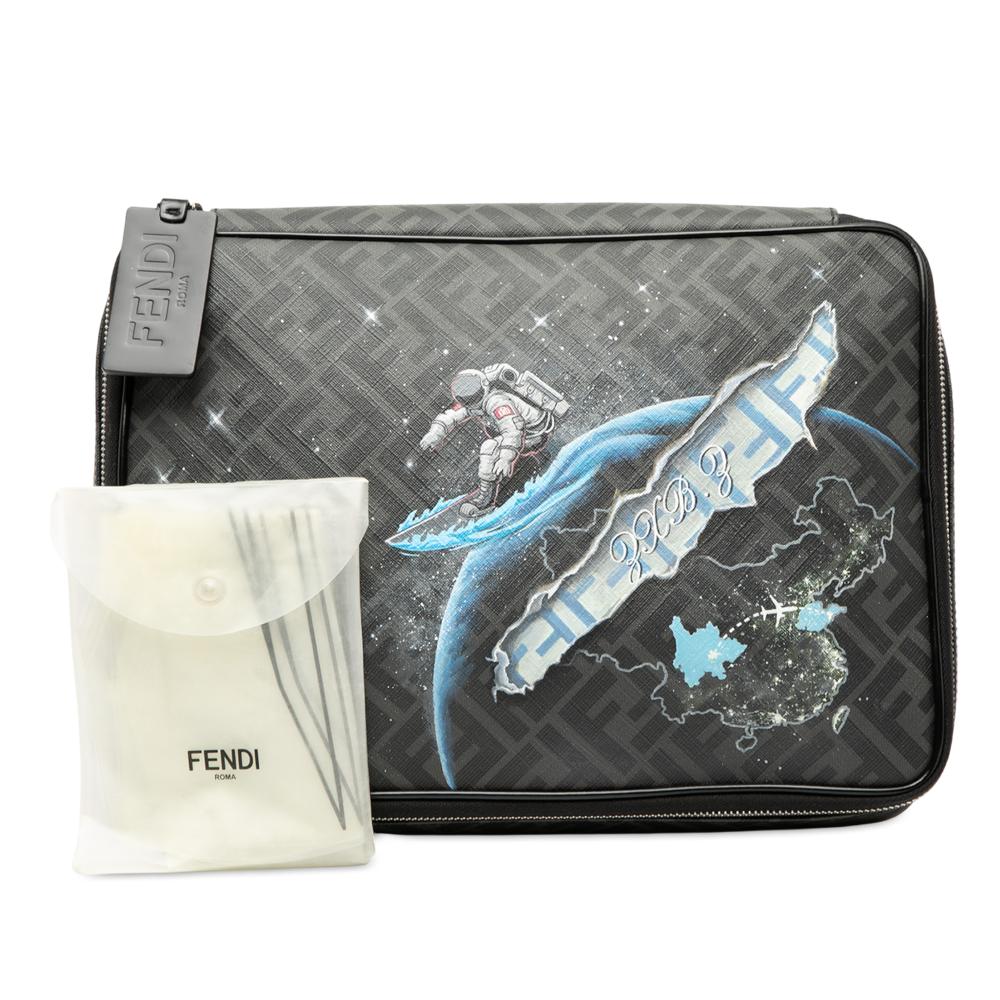 Fendi AB Fendi Black Coated Canvas Fabric Zucca Surfing Astronaut Clutch Italy