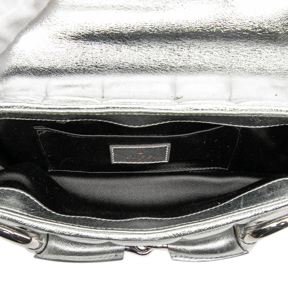 Gucci AB Gucci Silver Calf Leather Small Metallic Quilted Horsebit Chain Satchel Italy