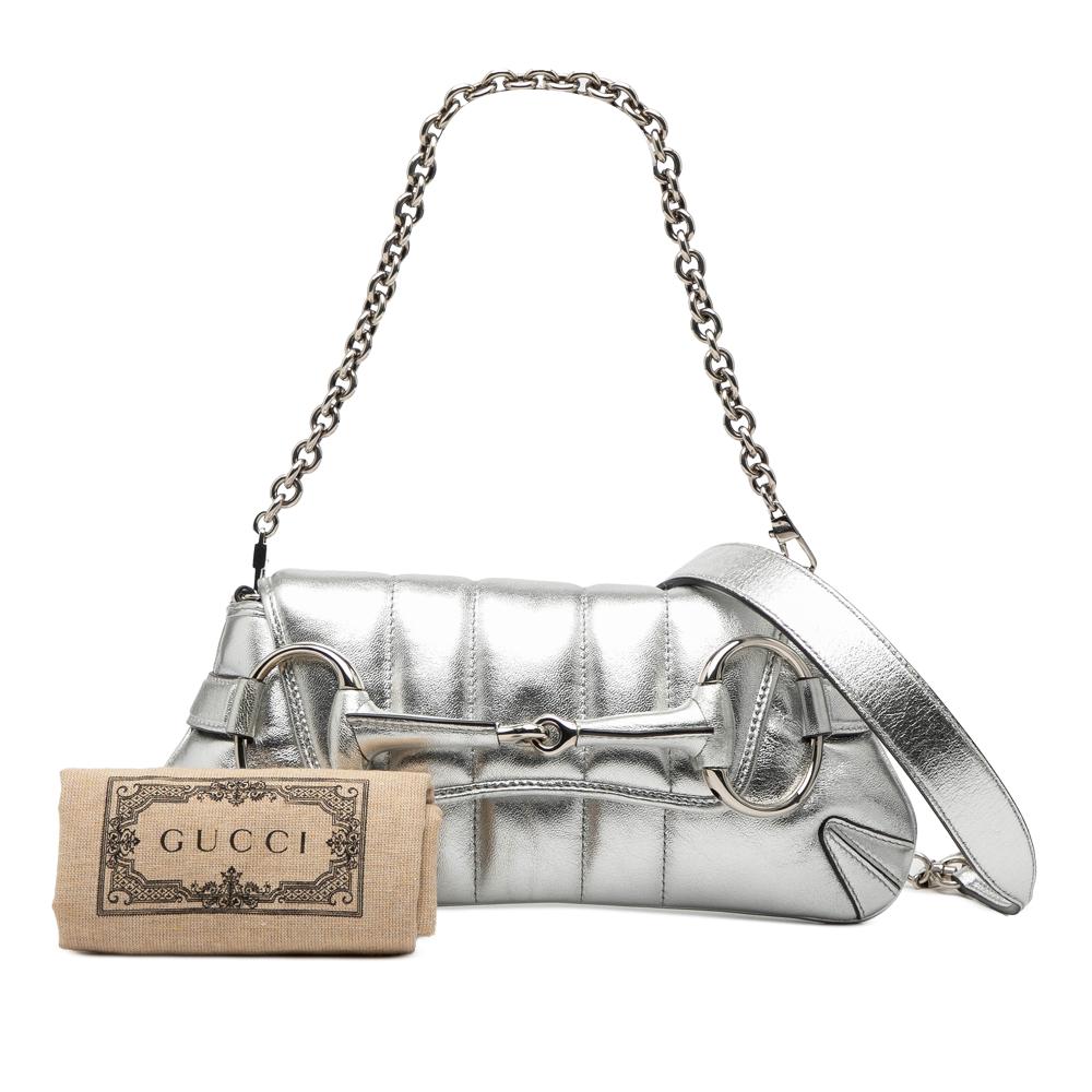 Gucci AB Gucci Silver Calf Leather Small Metallic Quilted Horsebit Chain Satchel Italy