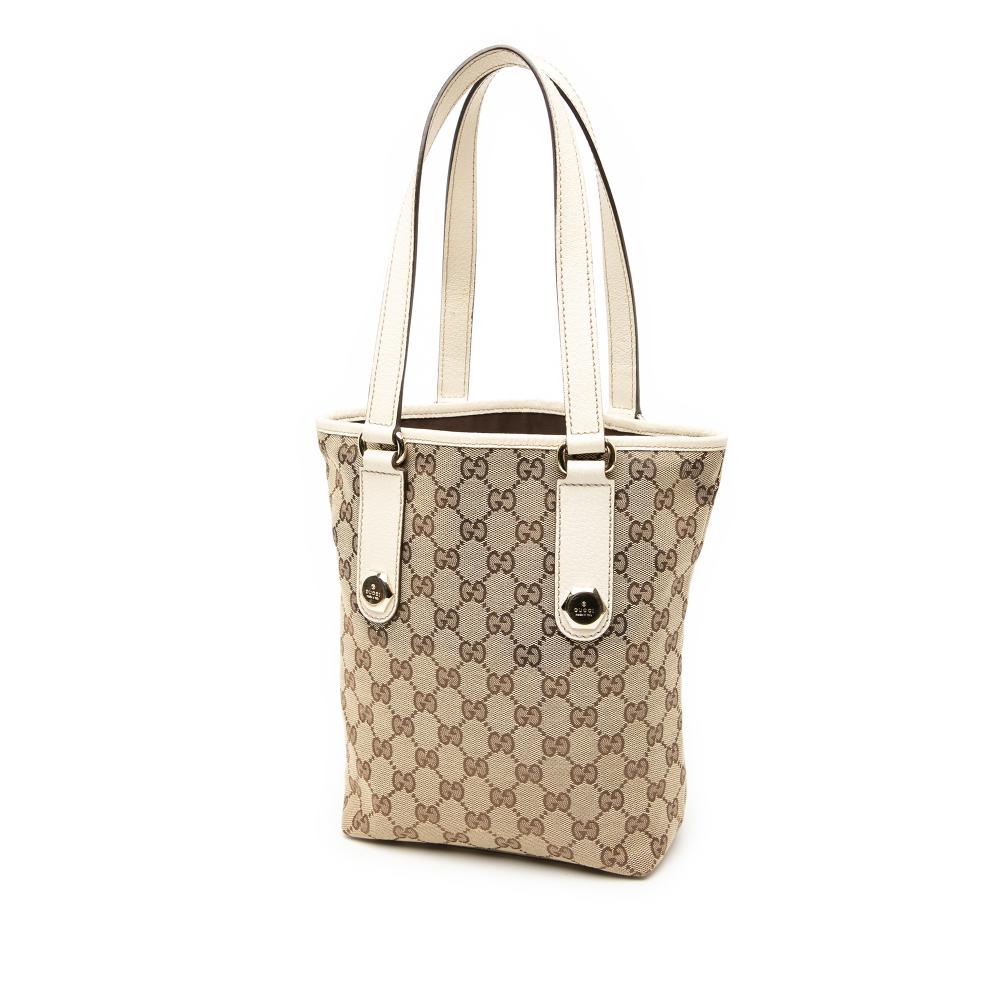 Gucci B Gucci Brown Beige with White Canvas Fabric GG Charmy Tote Italy