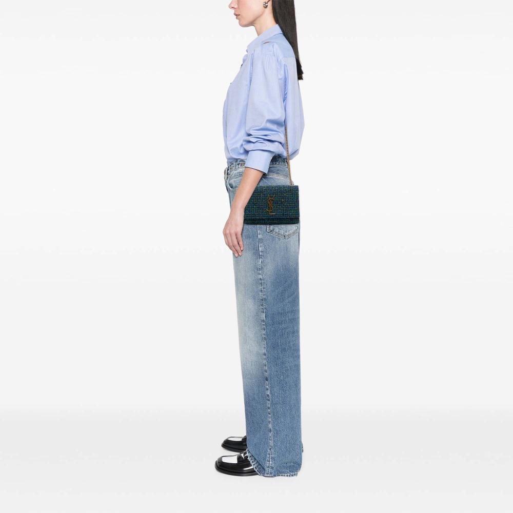 Saint Laurent AB Saint Laurent Blue Tweed Fabric Small Monogram Kate Crossbody Italy