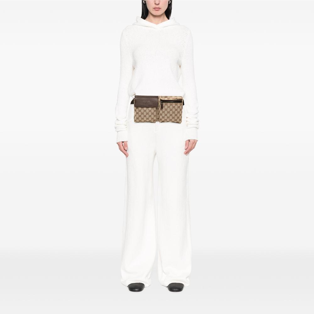Gucci B Gucci Brown Beige Canvas Fabric GG Double Pocket Belt Bag Italy