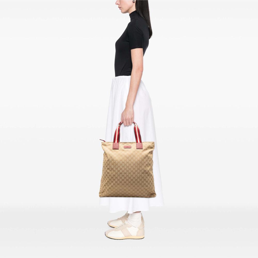 Gucci AB Gucci Brown Beige Canvas Fabric GG Web Tote Italy