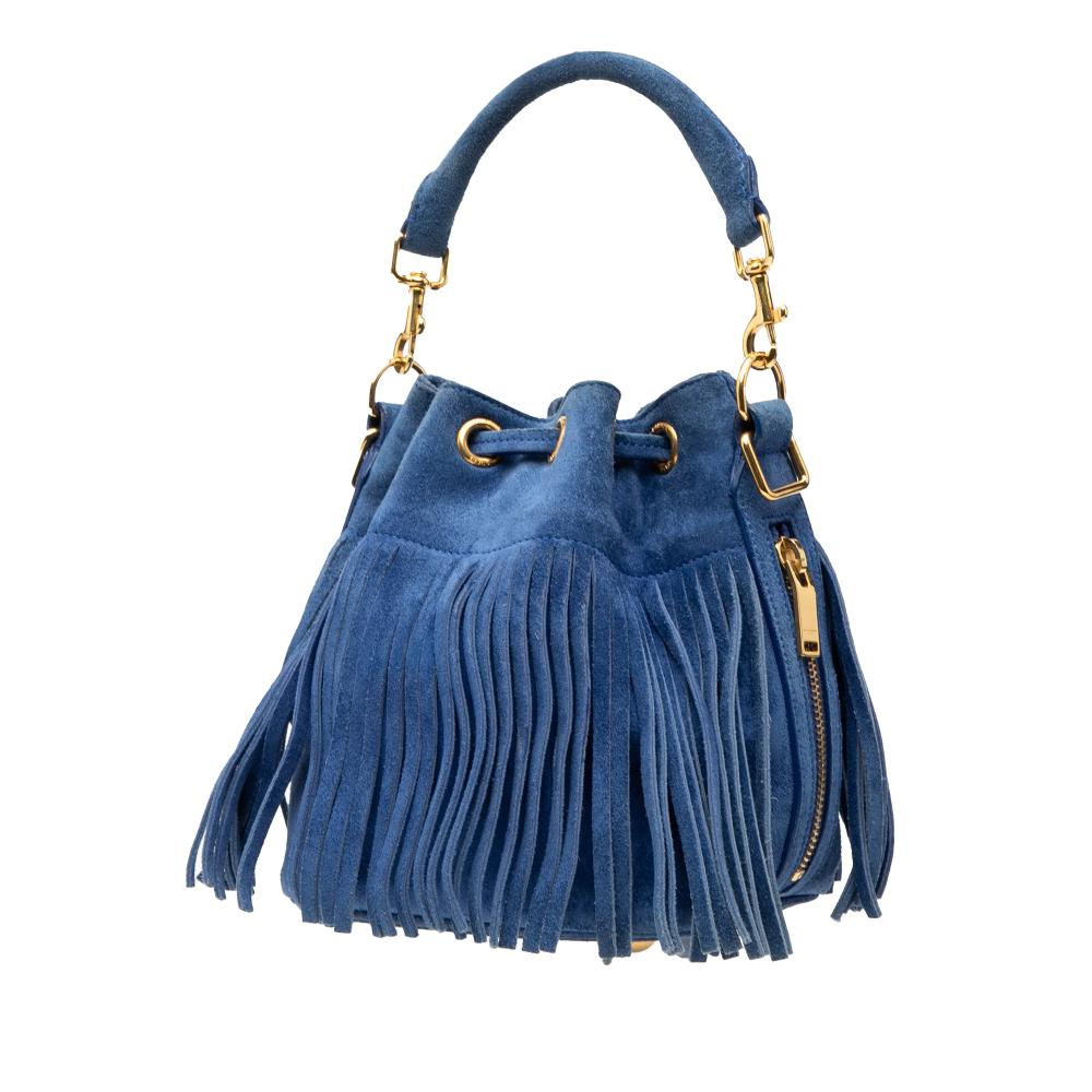 Saint Laurent B Saint Laurent Blue Suede Leather Small Emmanuelle Fringe Bucket Bag Italy