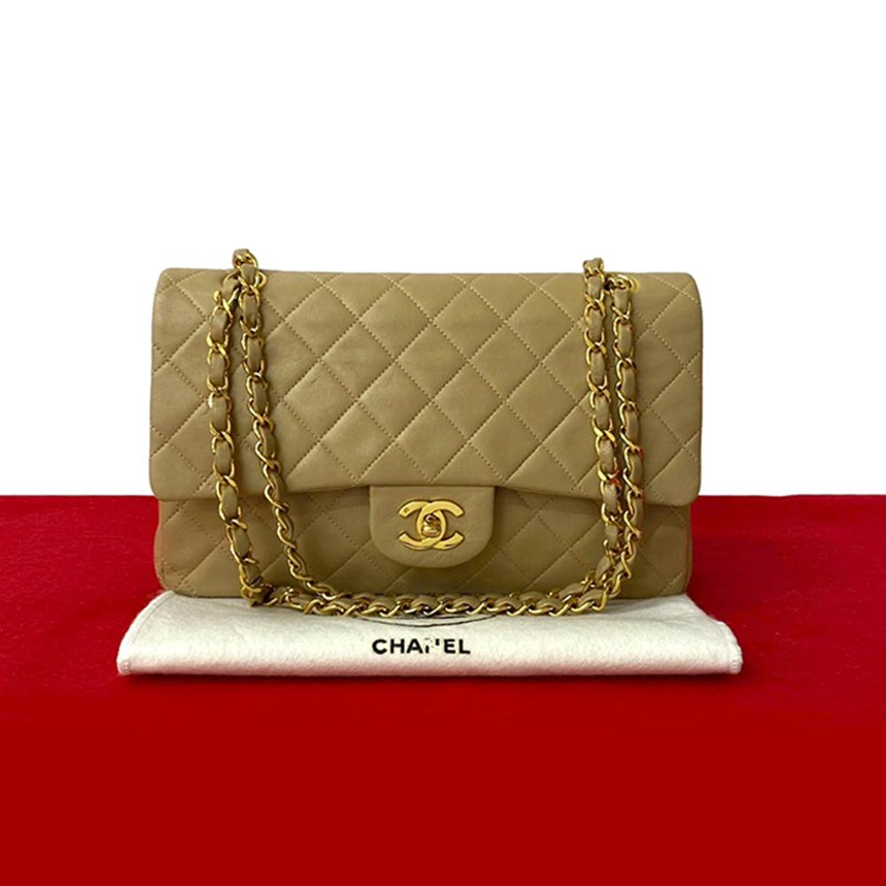 Chanel B Chanel Brown Beige Lambskin Leather Leather Medium Classic Lambskin Double Flap France