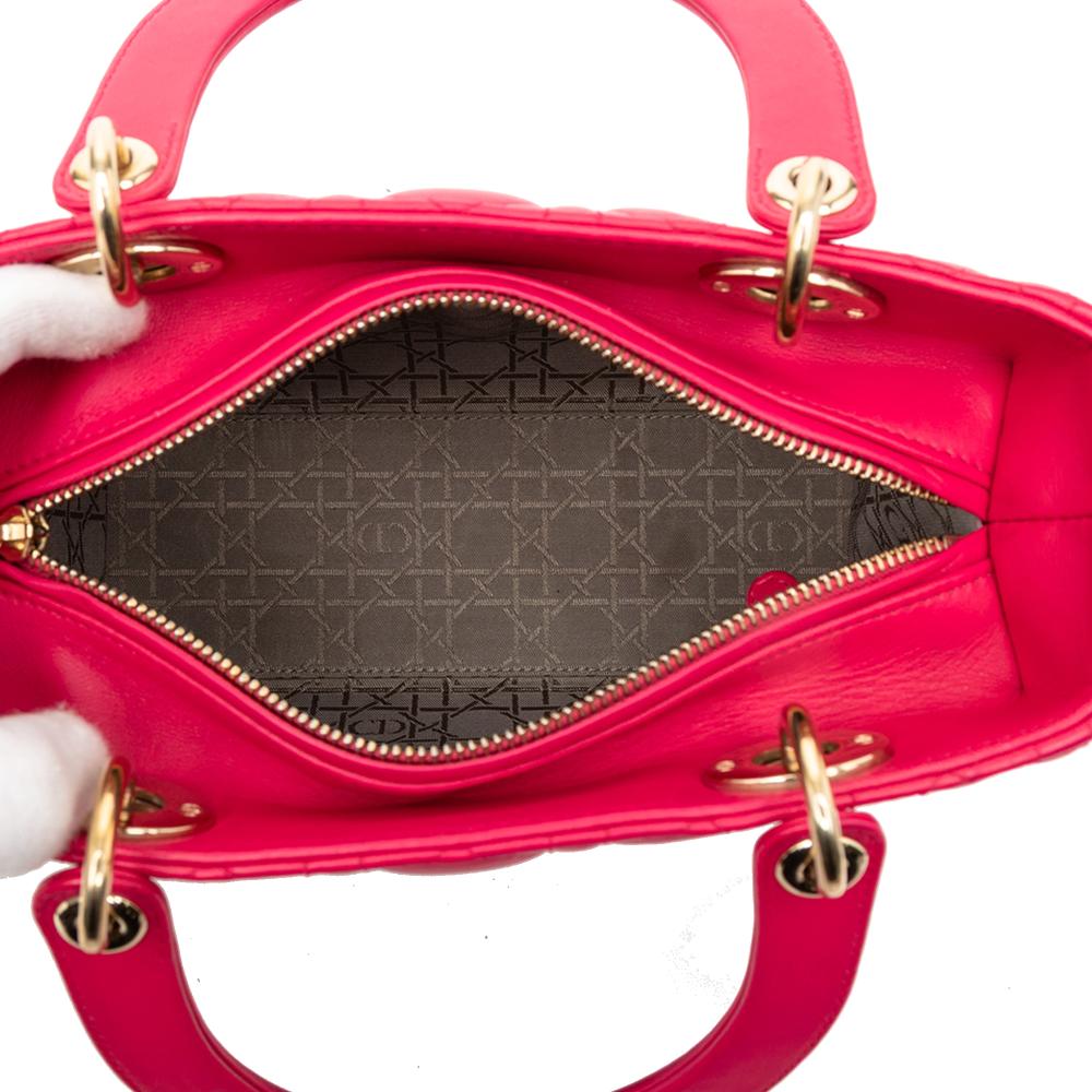 Christian Dior B Dior Pink Dark Pink Lambskin Leather Leather Medium Lambskin Cannage Lady Dior Italy