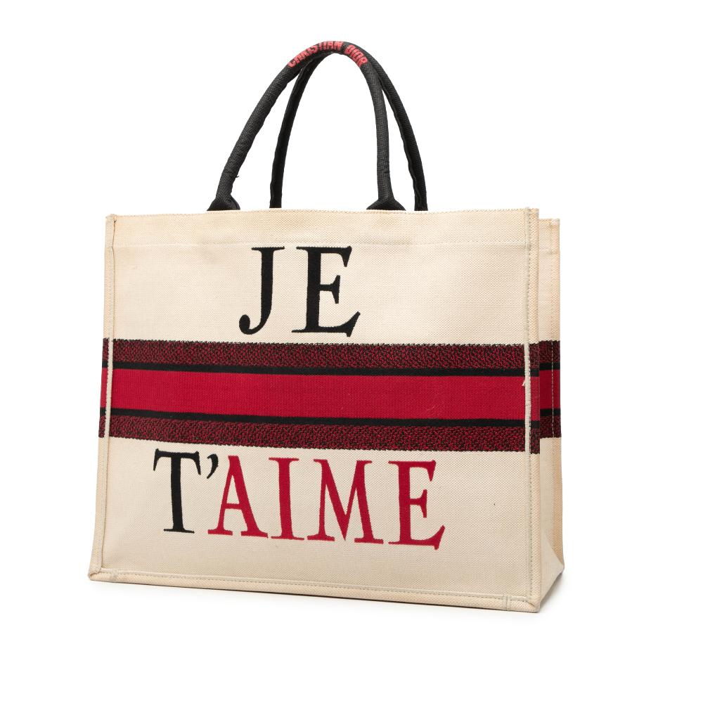 Christian Dior B Dior White Off White Canvas Fabric DiorAmour Large Embroidered Je T aime Book Tote Italy
