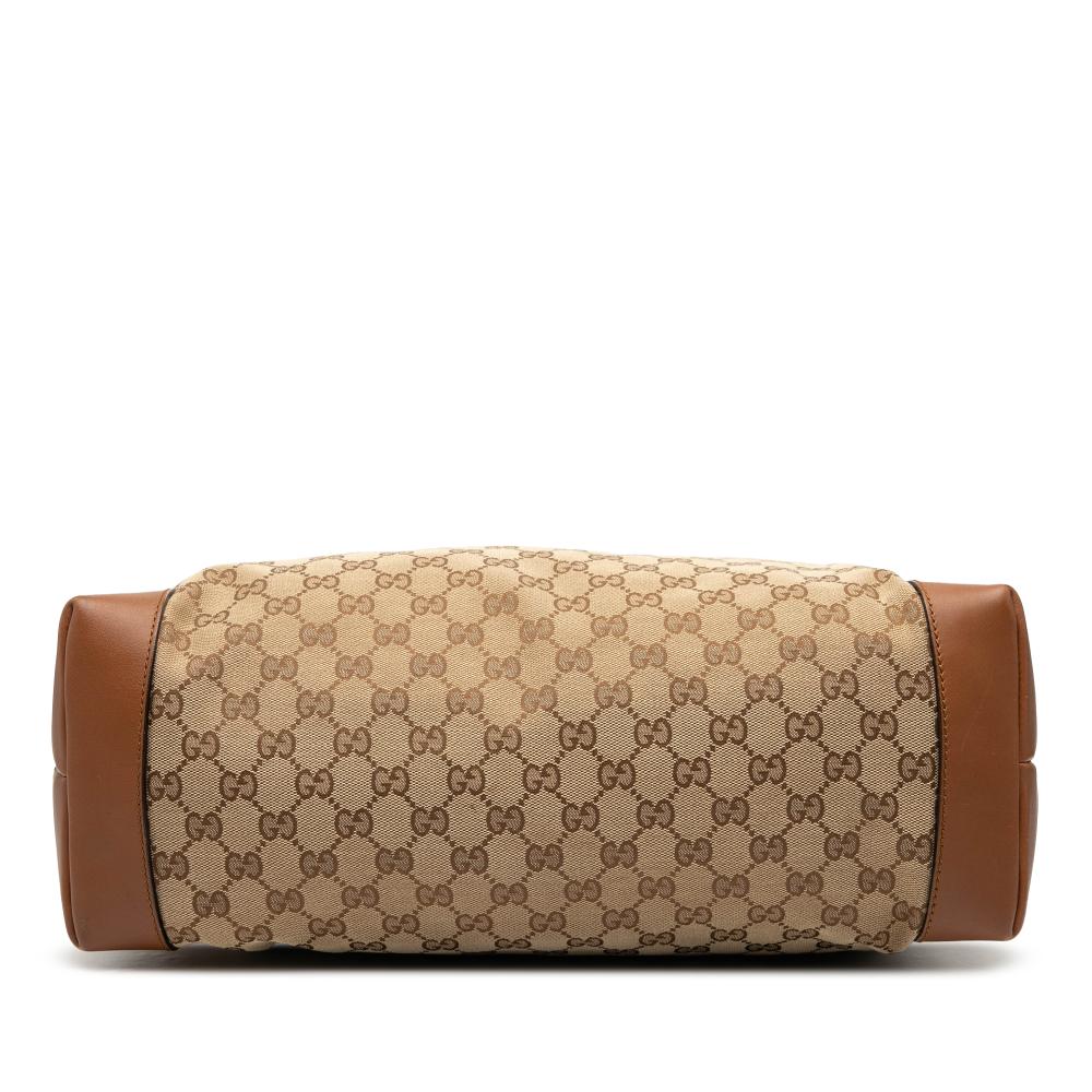 Gucci B Gucci Brown Beige Canvas Fabric GG Web Tote Italy