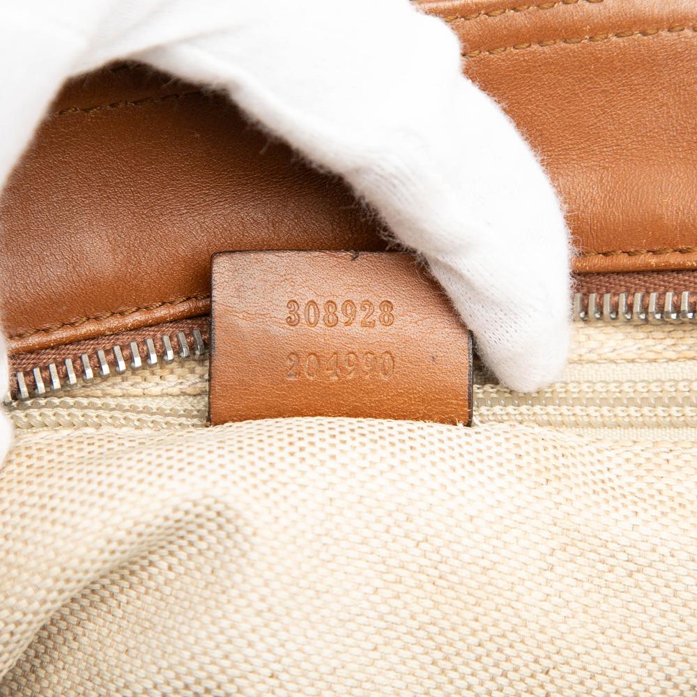 Gucci B Gucci Brown Beige Canvas Fabric GG Web Tote Italy
