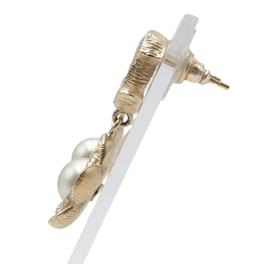 Chanel AB Chanel Gold Light Gold Gold Plated Metal CC Faux Pearl Flower Drop Push Back Earrings Italy
