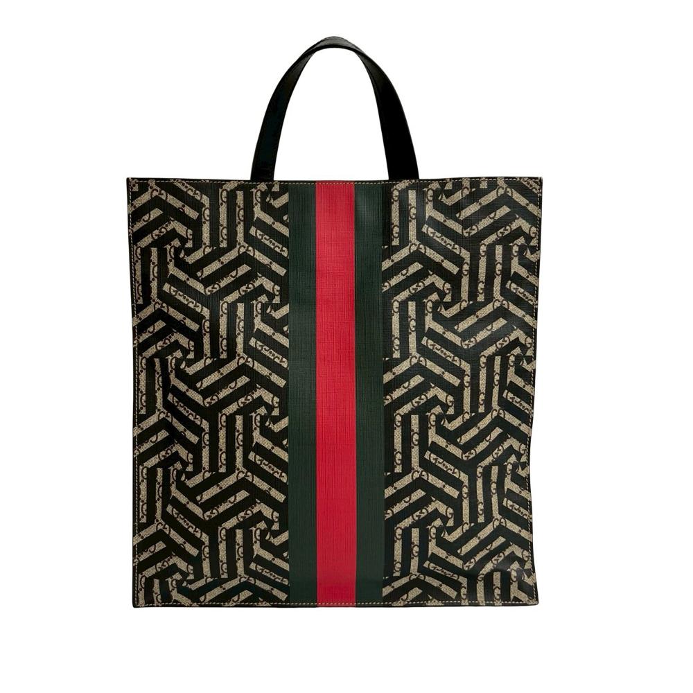 Gucci B Gucci Brown Beige Coated Canvas Fabric GG Supreme Caleido Web Vertical Tote Italy