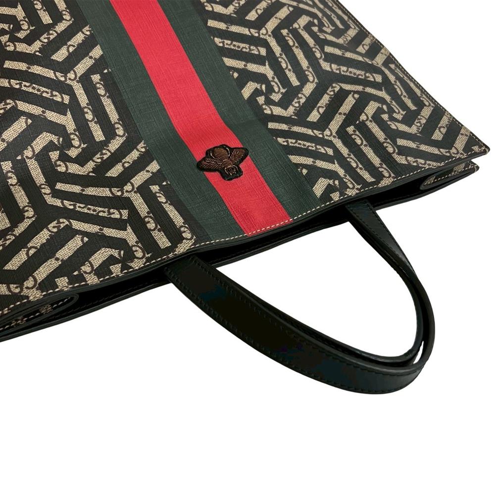 Gucci B Gucci Brown Beige Coated Canvas Fabric GG Supreme Caleido Web Vertical Tote Italy