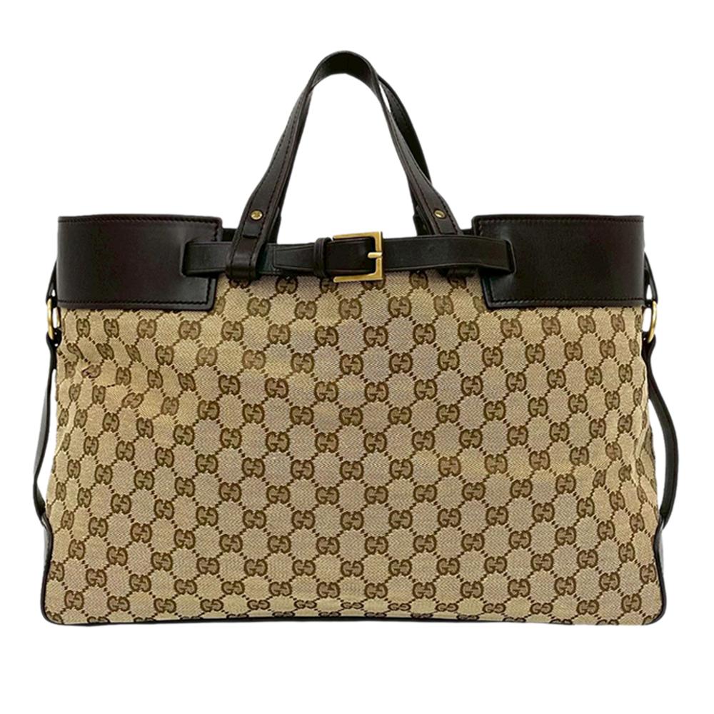 Gucci B Gucci Brown Beige Canvas Fabric GG Tote Italy