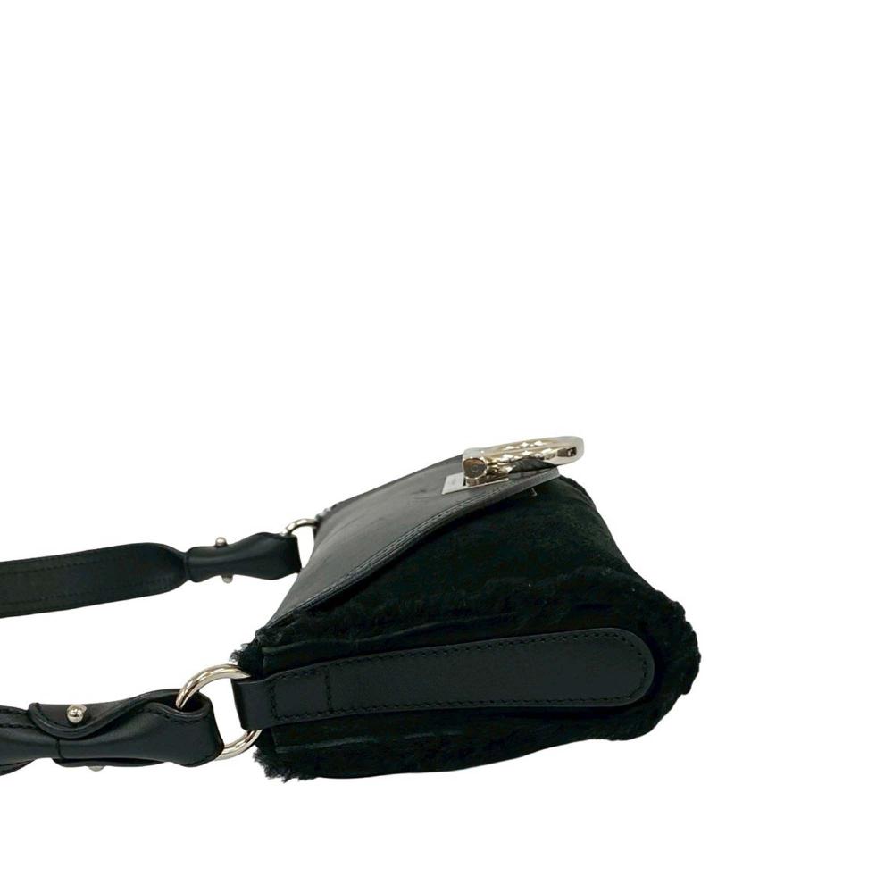 Ferragamo AB Ferragamo Black Suede Leather and Calfskin Gancini Shoulder Bag Italy