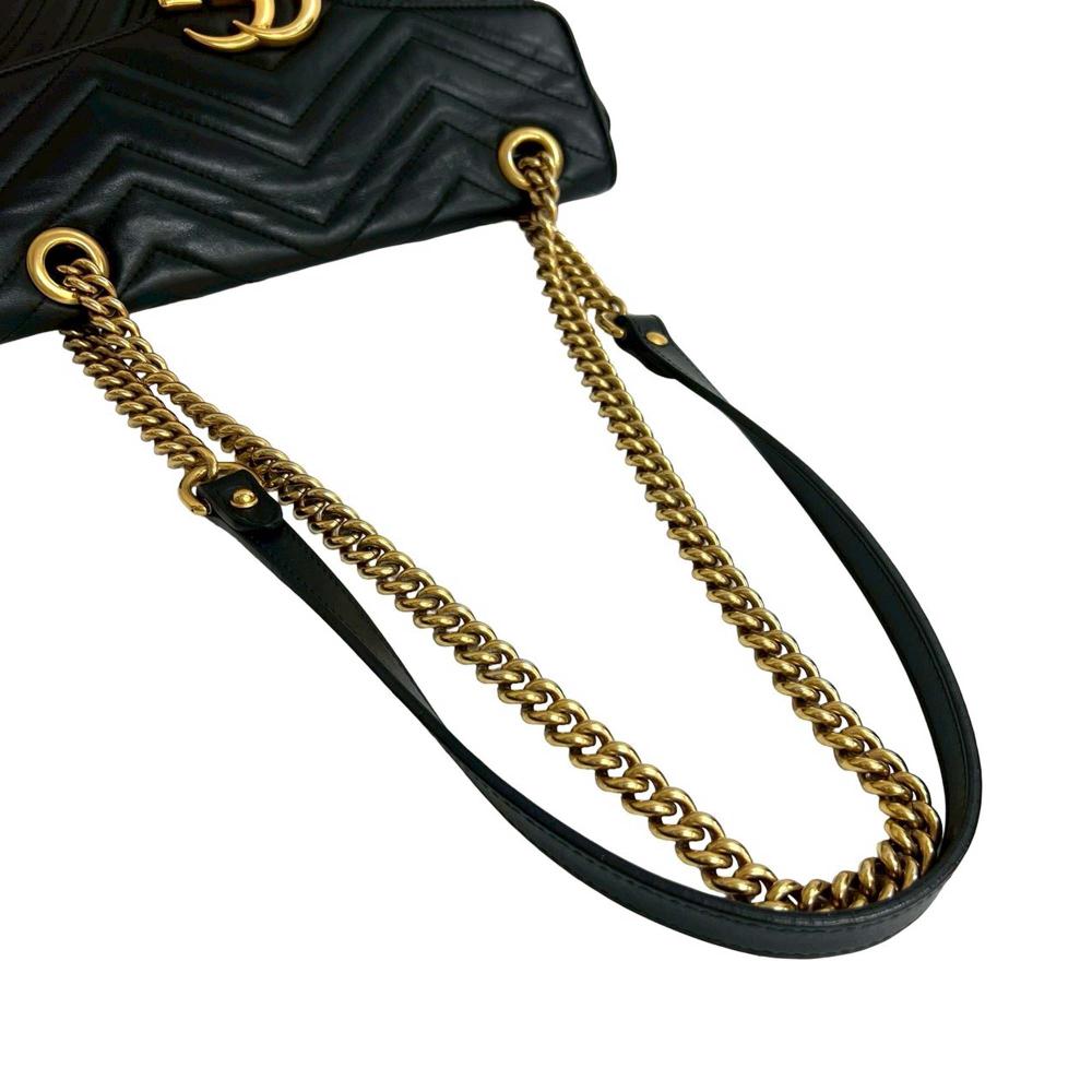 Gucci AB Gucci Black Calf Leather Medium GG Marmont Matelasse Shoulder Bag Italy