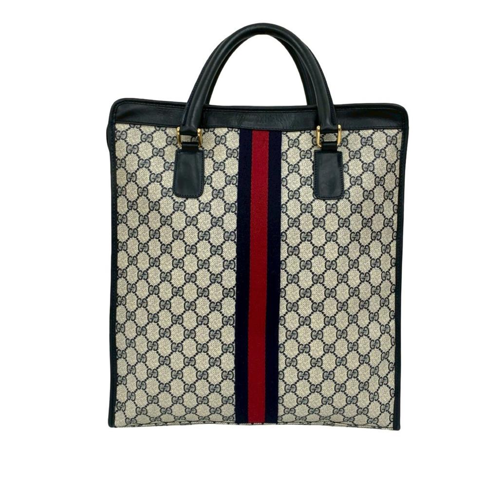 Gucci B Gucci Brown Beige Coated Canvas Fabric GG Supreme Web Tote Italy