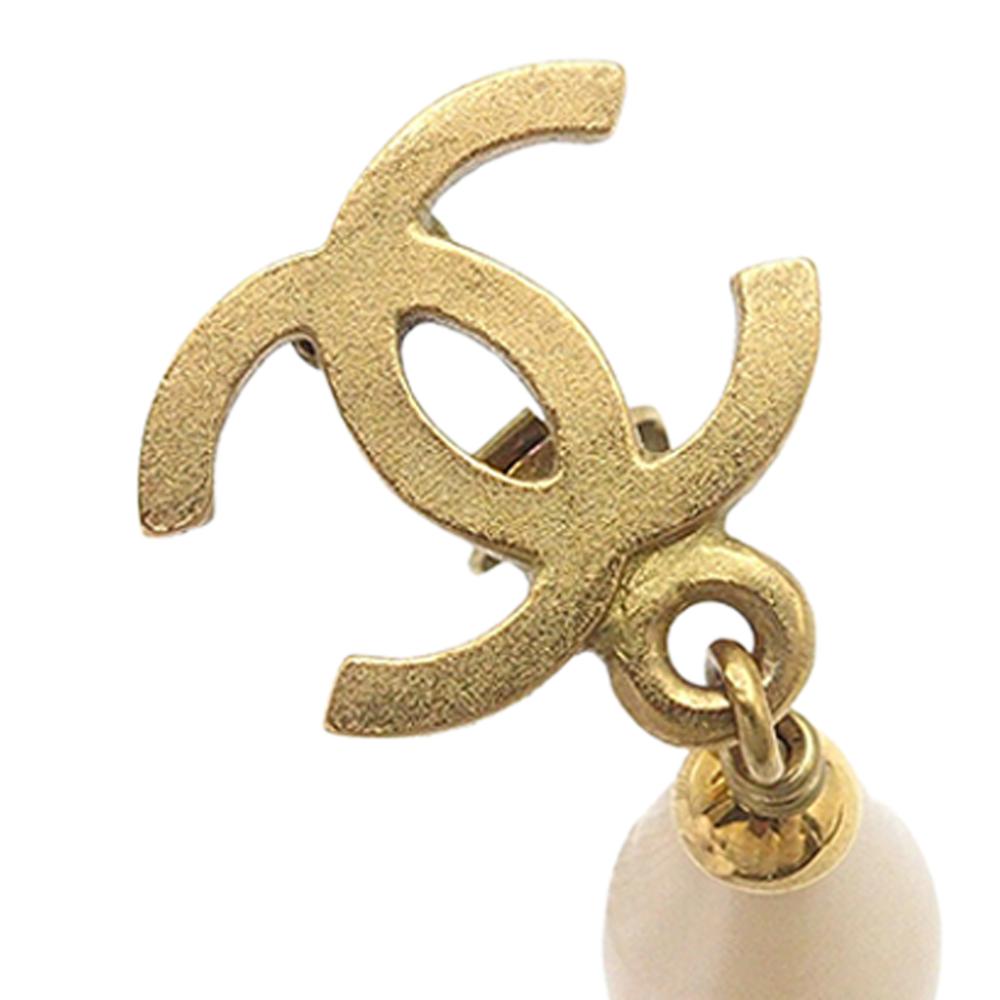 Chanel AB Chanel Gold with White Pearl Gold Plated Metal CC Faux Pearl Drop Clip on Earrings France