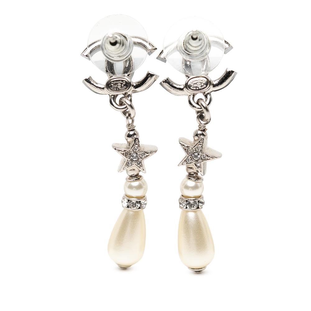 Chanel AB Chanel Silver Silver Plated Metal CC Rhinestones Faux Pearl Star Drop Push Back Earrings France