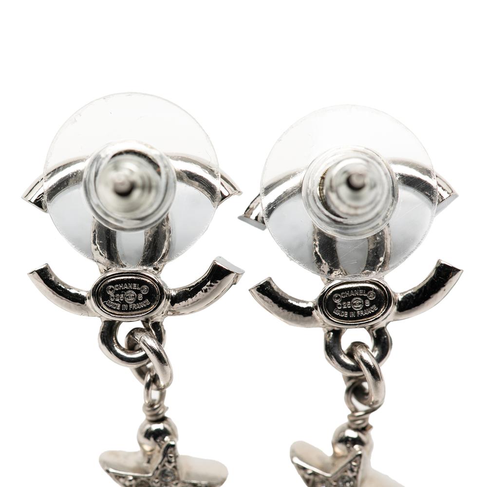 Chanel AB Chanel Silver Silver Plated Metal CC Rhinestones Faux Pearl Star Drop Push Back Earrings France