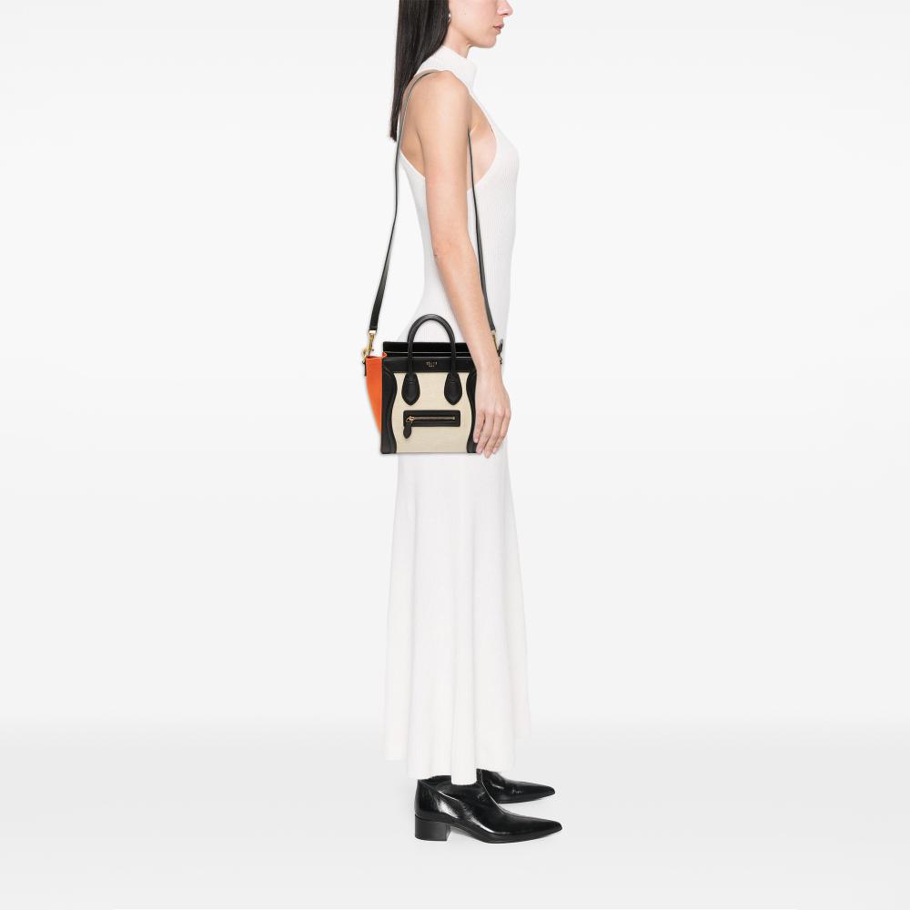 Celine B Celine Brown Light Beige with Black Canvas Fabric Nano Tricolor and Leather Luggage Tote Italy