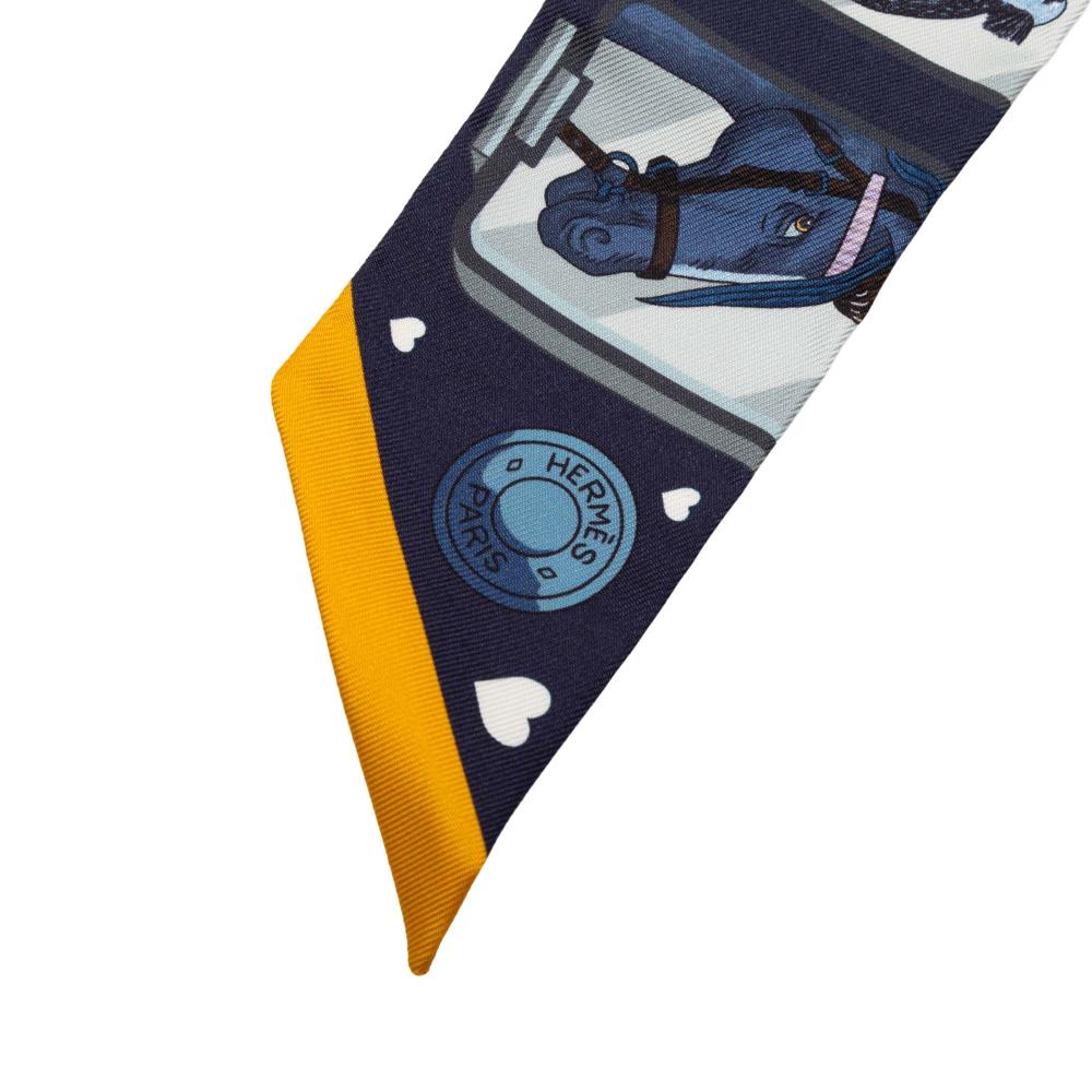 Hermès AB Hermès Blue Navy with Gold Silk Fabric Story Twilly Scarf France