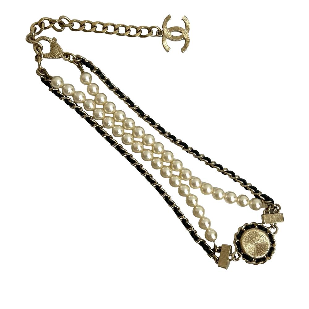 Chanel Gold CC Gold Plated Faux Pearl and Rhinestone Medallion Chain Necklace France