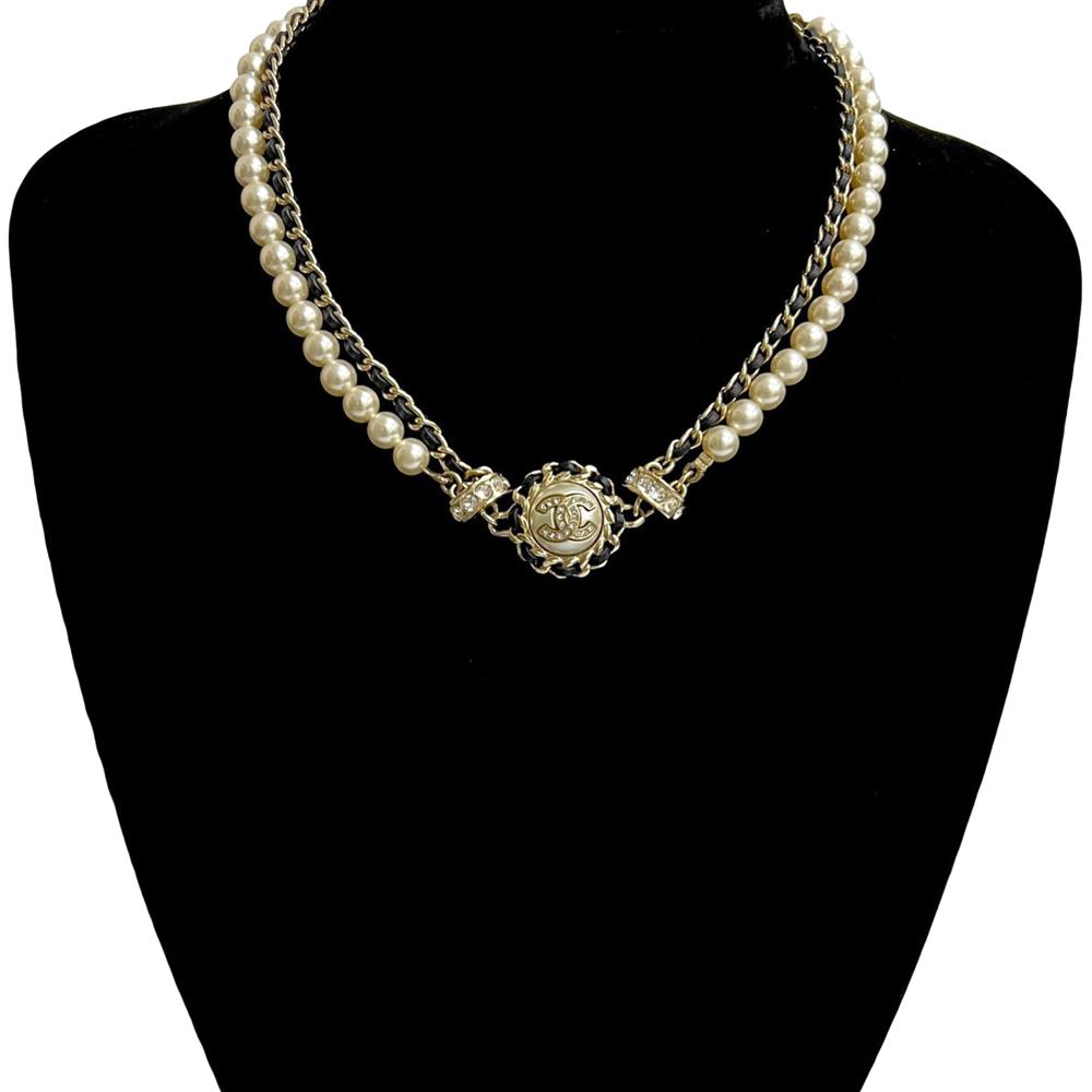 Chanel Gold CC Gold Plated Faux Pearl and Rhinestone Medallion Chain Necklace France