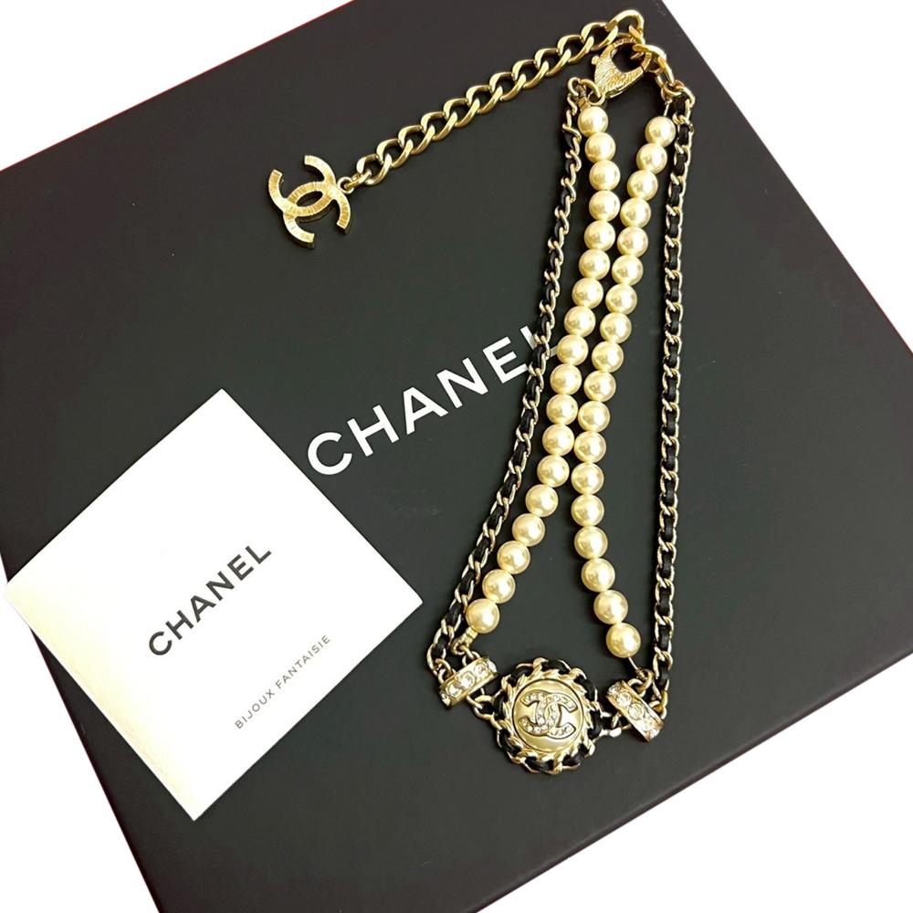 Chanel Gold CC Gold Plated Faux Pearl and Rhinestone Medallion Chain Necklace France