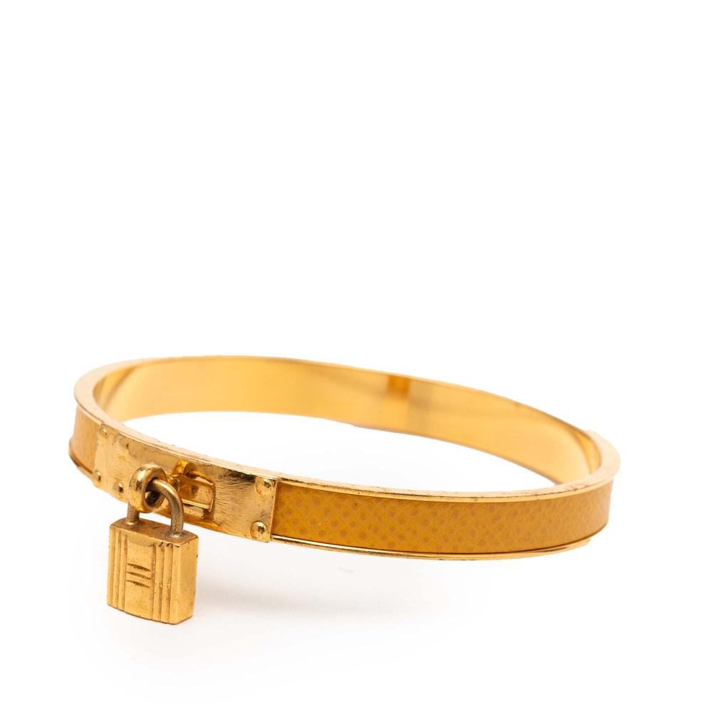 Hermès B Hermès Yellow with Gold Calf Leather Gold Plated Epsom Kelly Cadena Lock Bangle Bracelet France