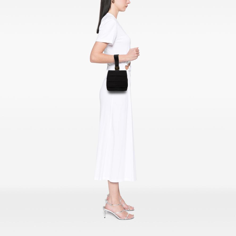 Ferragamo AB Ferragamo Black Nylon Fabric Tiered Grosgrain Vara Handbag Italy