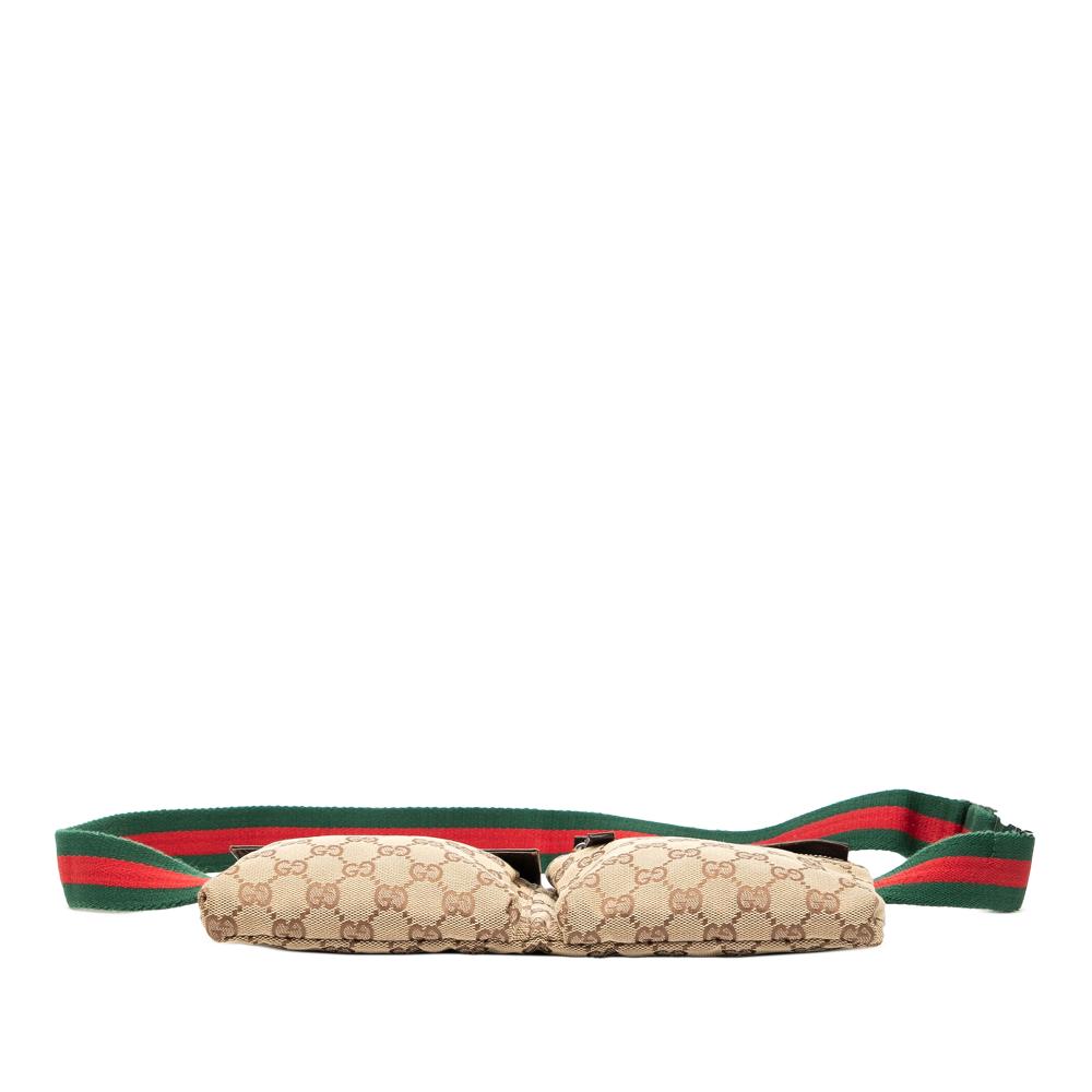 Gucci B Gucci Brown Beige Canvas Fabric GG Web Double Pocket Belt Bag Italy