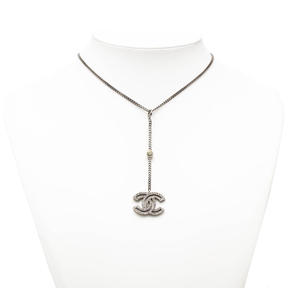 Chanel AB Chanel Silver Silver Plated Metal Rhinestone CC Drop Pendant Necklace France