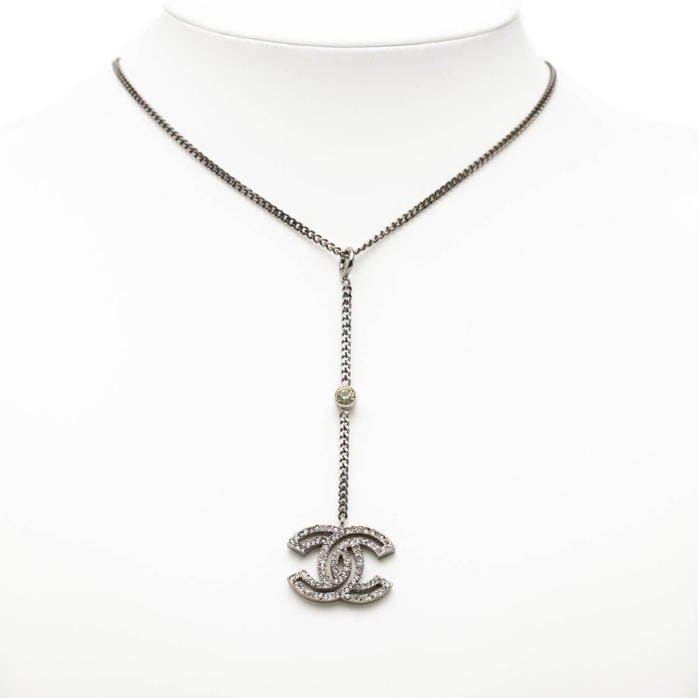 Chanel AB Chanel Silver Silver Plated Metal Rhinestone CC Drop Pendant Necklace France