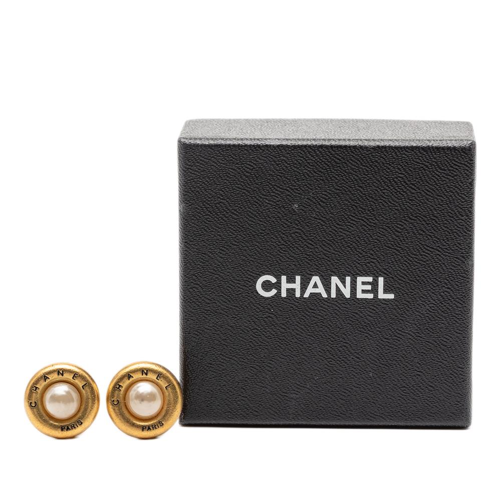 Chanel AB Chanel Gold with White Pearl Gold Plated Metal Faux Pearl Logo Round Clip on Earrings France