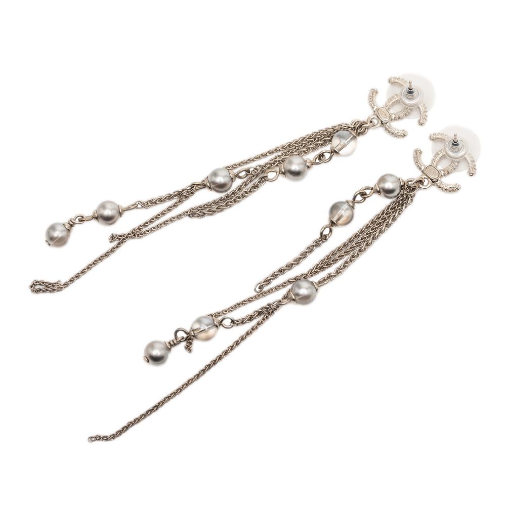 Chanel B Chanel Gold Light Gold Gold Plated Metal CC Faux Pearl Chain Drop Push Back Earrings France