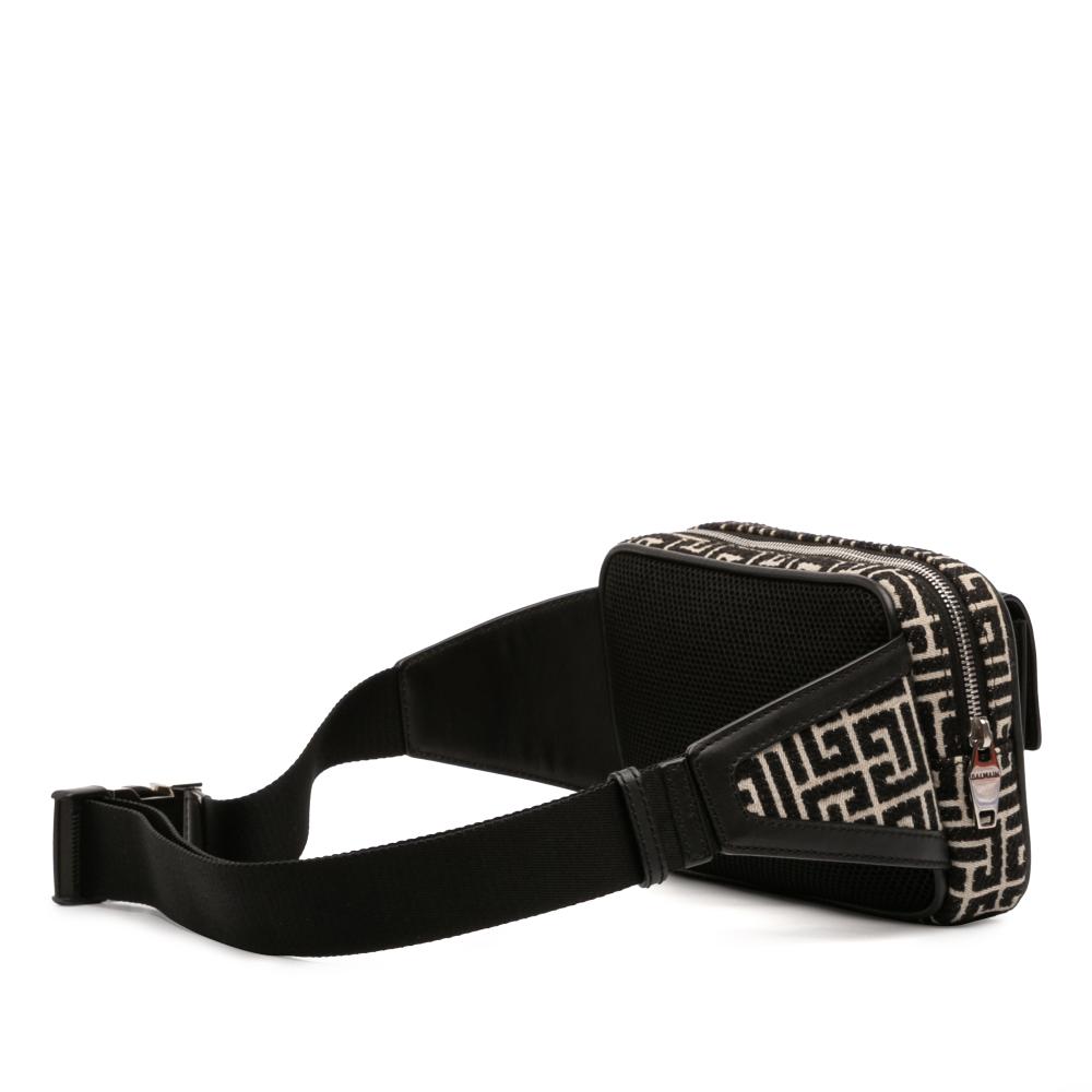 Balmain AB Balmain Black with Brown Light Beige Jacquard Fabric Monogram Leather Trimmed Belt Bag Italy
