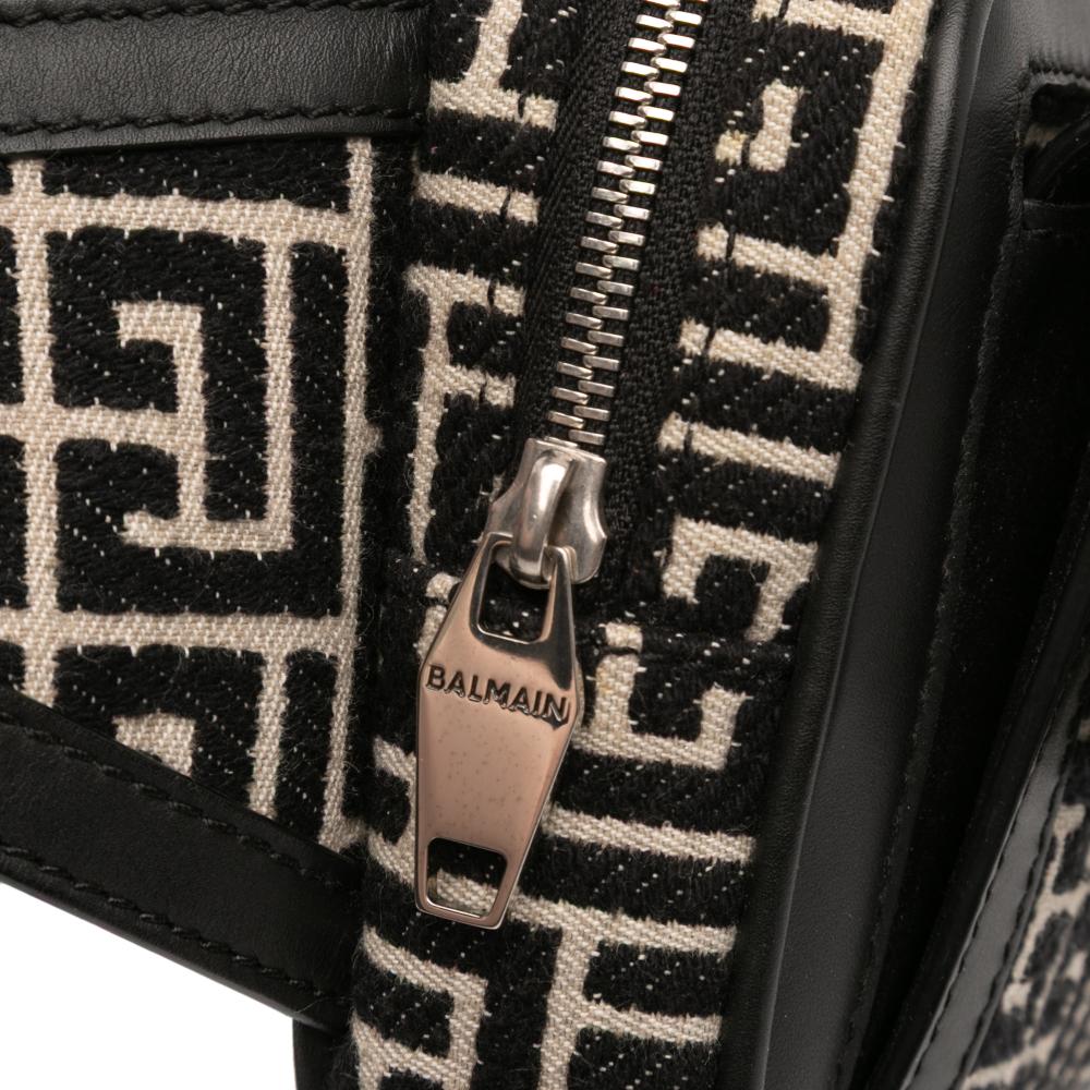 Balmain AB Balmain Black with Brown Light Beige Jacquard Fabric Monogram Leather Trimmed Belt Bag Italy