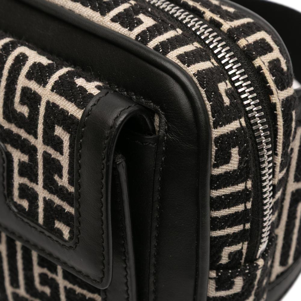 Balmain AB Balmain Black with Brown Light Beige Jacquard Fabric Monogram Leather Trimmed Belt Bag Italy