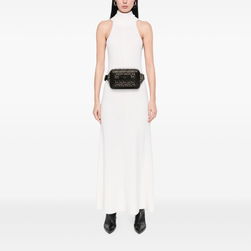 Balmain AB Balmain Black with Brown Light Beige Jacquard Fabric Monogram Leather Trimmed Belt Bag Italy