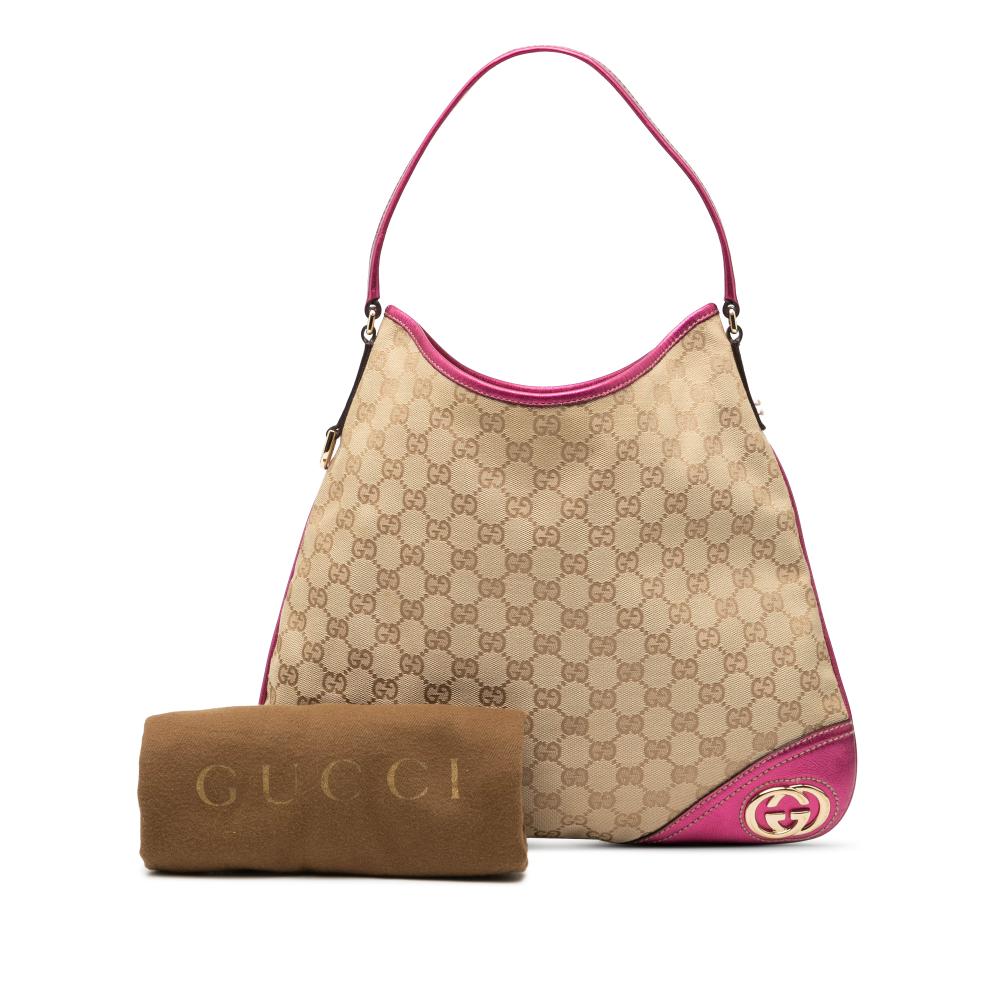 Gucci B Gucci Brown Beige with Pink Canvas Fabric GG New Britt Hobo Italy
