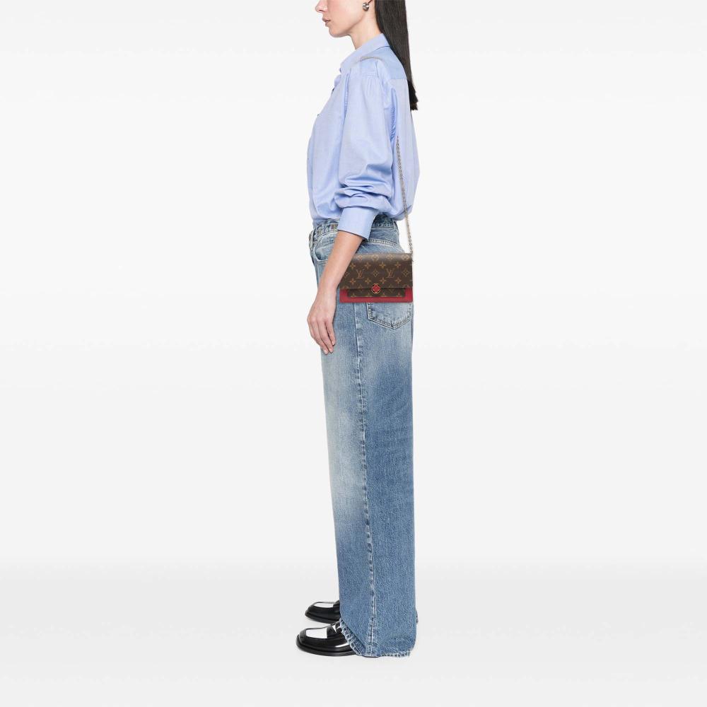 Louis Vuitton B Louis Vuitton Brown with Red Monogram Canvas Fabric Monogram Flore Wallet On Chain France