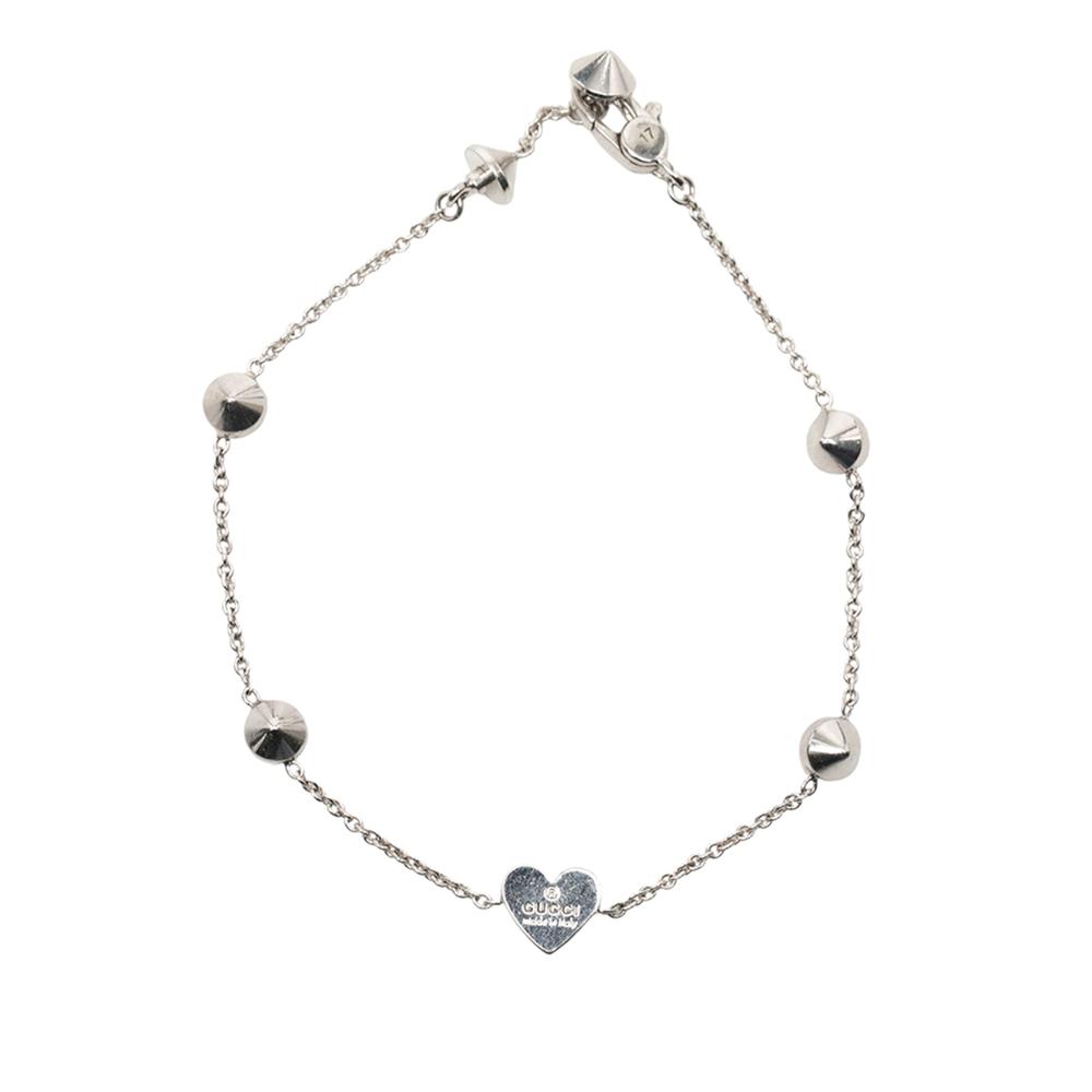 Gucci AB Gucci Silver SV925 / Sterling Silver Metal Sterling Silver Bejeweled Heart Bracelet Italy