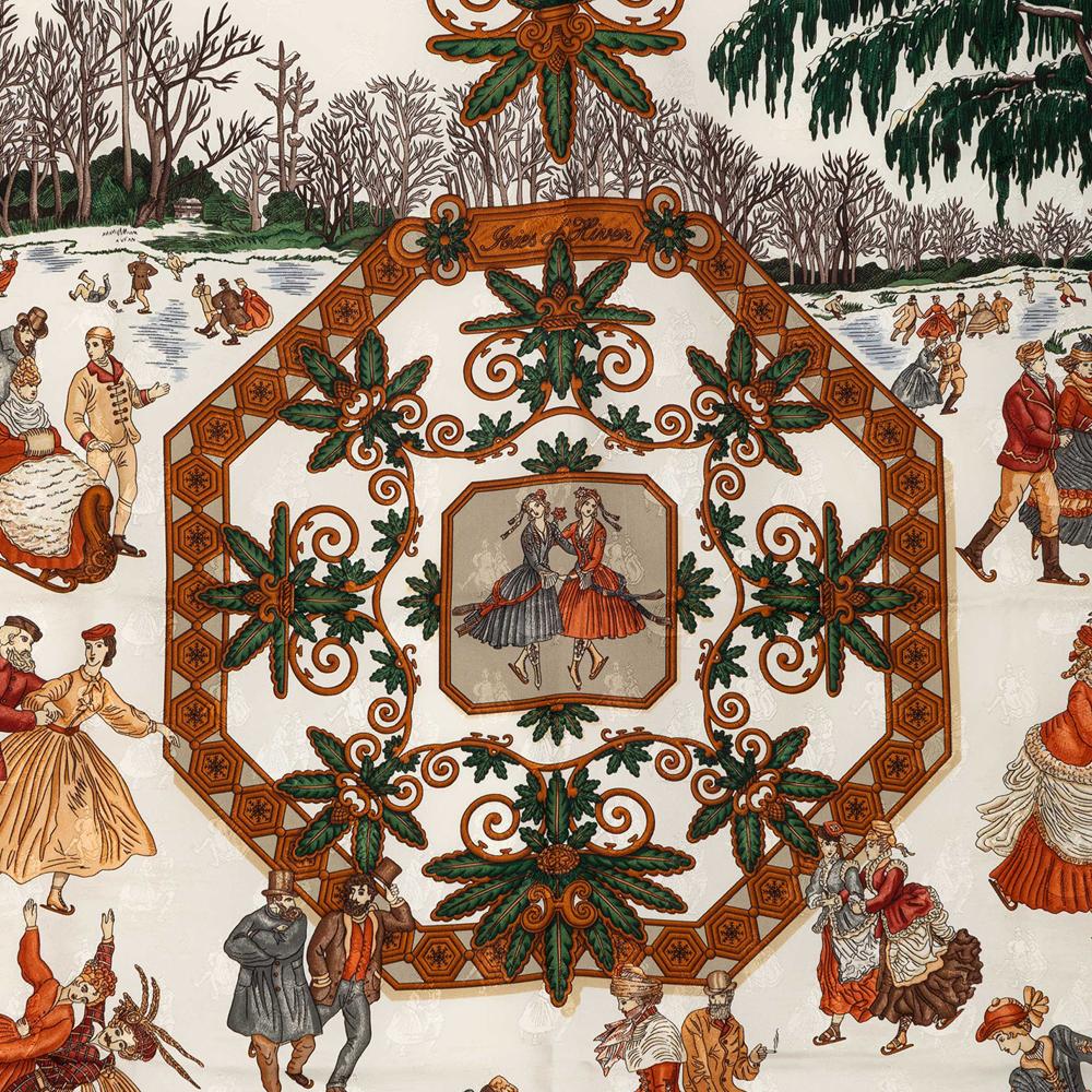 Hermès B Hermès White with Brown Silk Fabric Joies d Hiver Scarf France