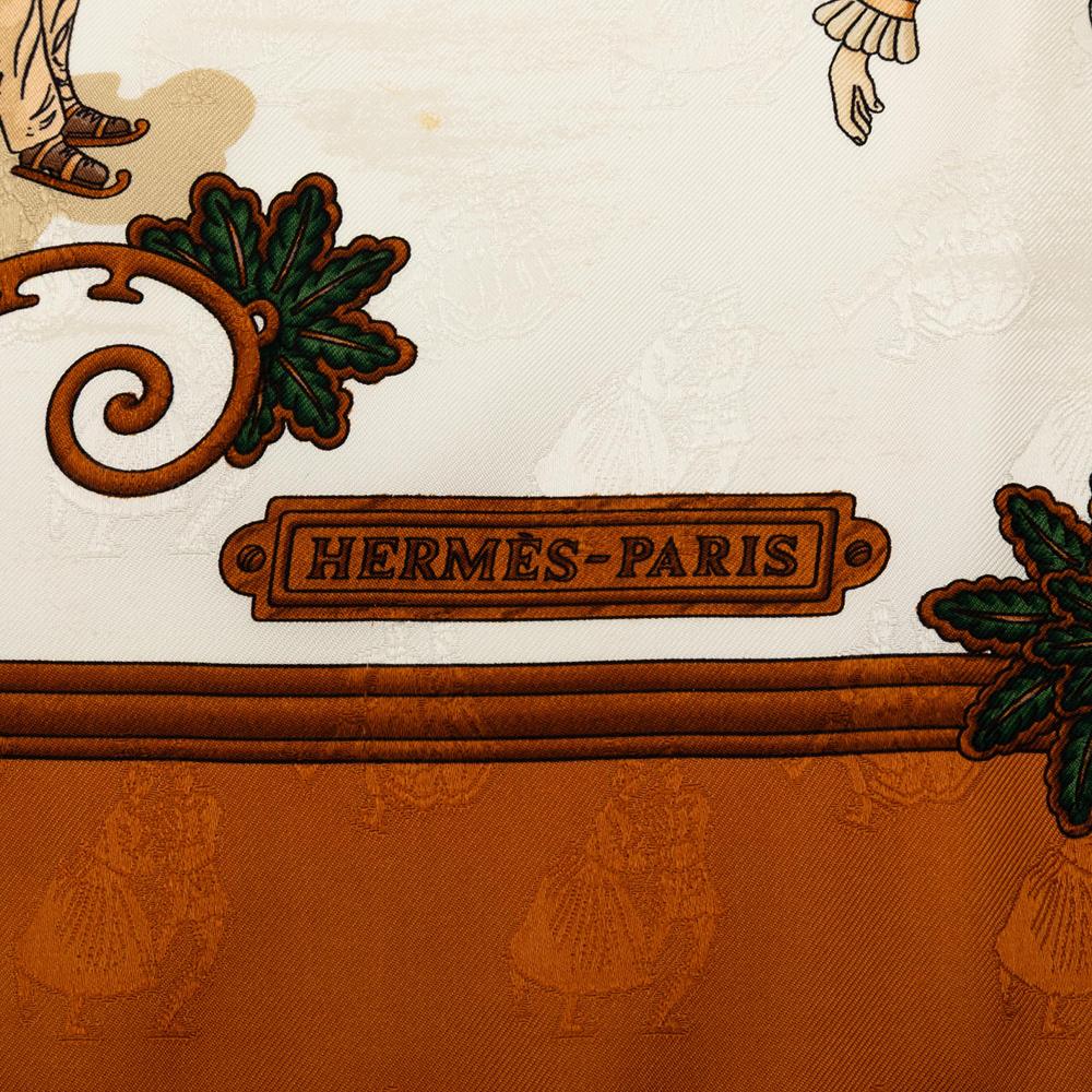 Hermès B Hermès White with Brown Silk Fabric Joies d Hiver Scarf France