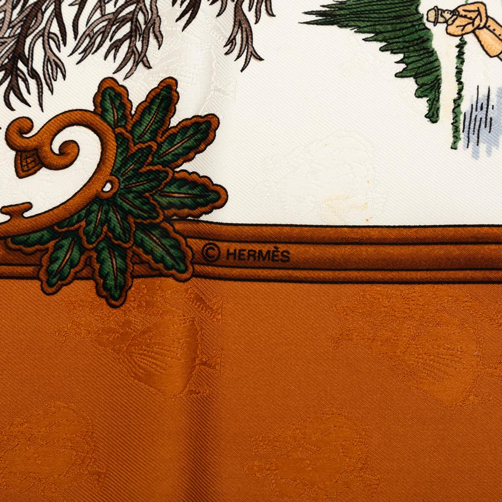 Hermès B Hermès White with Brown Silk Fabric Joies d Hiver Scarf France