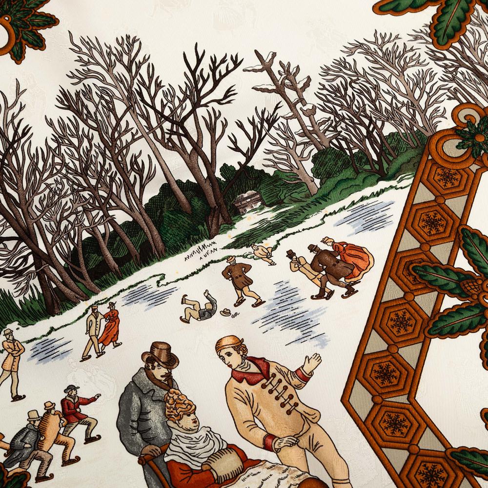 Hermès B Hermès White with Brown Silk Fabric Joies d Hiver Scarf France