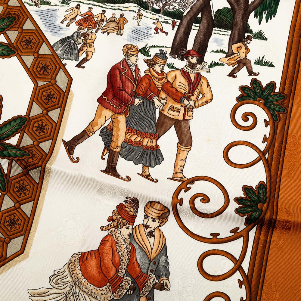 Hermès B Hermès White with Brown Silk Fabric Joies d Hiver Scarf France